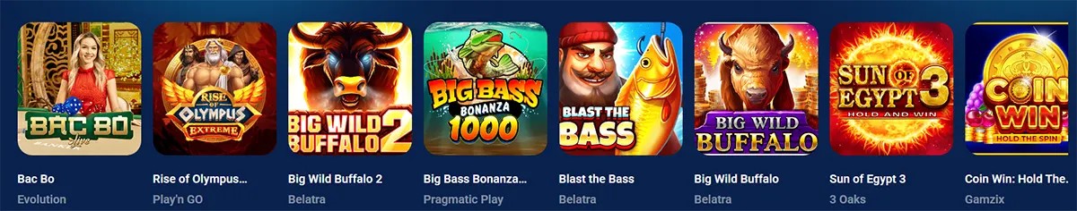 Casino game tiles row featuring Bac Bo, Rise of Olympus Extreme, Big Wild Buffalo 2, Big Bass Bonanza 1000, Blast the Bass, Big Wild Buffalo, Sun of Egypt 3, and Coin Win: Hold the Spin on a blue interface.