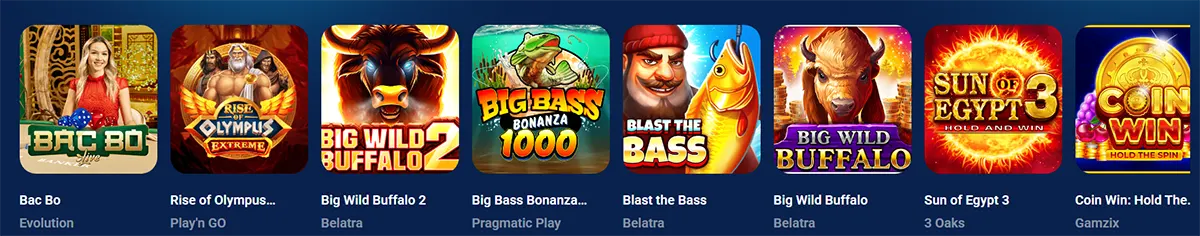 Casino game tiles row featuring Bac Bo, Rise of Olympus Extreme, Big Wild Buffalo 2, Big Bass Bonanza 1000, Blast the Bass, Big Wild Buffalo, Sun of Egypt 3, and Coin Win: Hold the Spin on a blue interface.
