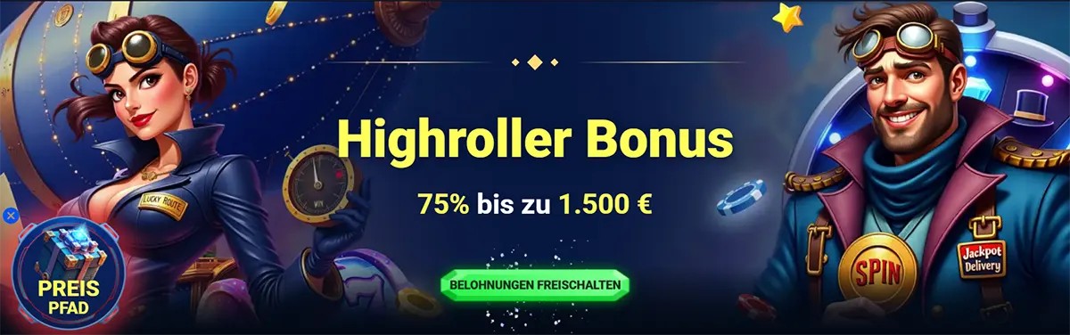Casino highroller bonus banner featuring illustrated steampunk-style characters, the offer “75% bis zu 1.500 €,” and a green call-to-action button on a dark blue background.