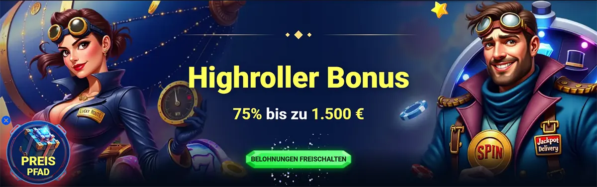 Casino highroller bonus banner featuring illustrated steampunk-style characters, the offer “75% bis zu 1.500 €,” and a green call-to-action button on a dark blue background.