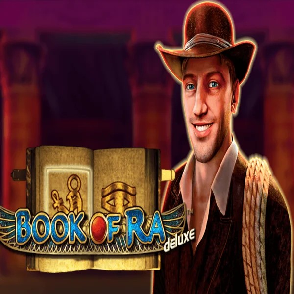 Book of Ra Deluxe slot logo by Novomatic at Azurslot Casino